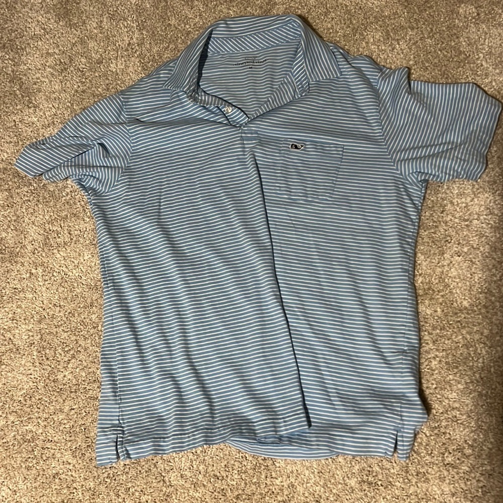 Medium blue and white striped Patagonia polo